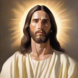 A serene and peaceful depiction of Jesus Christ, with a gentle expression, surrounded by a warm and glowing light