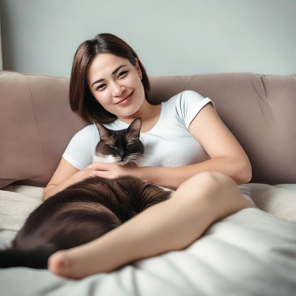 A 35-year-old woman with large hips lying down, with a cat comfortably sitting on her hips