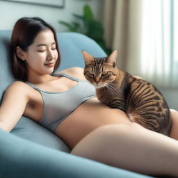 A 35-year-old woman with large hips lying down, with a cat comfortably sitting on her hips