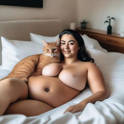 A 35-year-old woman is lying down on her bed with a cat sitting on her hips