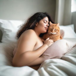 A 35-year-old woman is lying down on her bed with a cat sitting on her hips