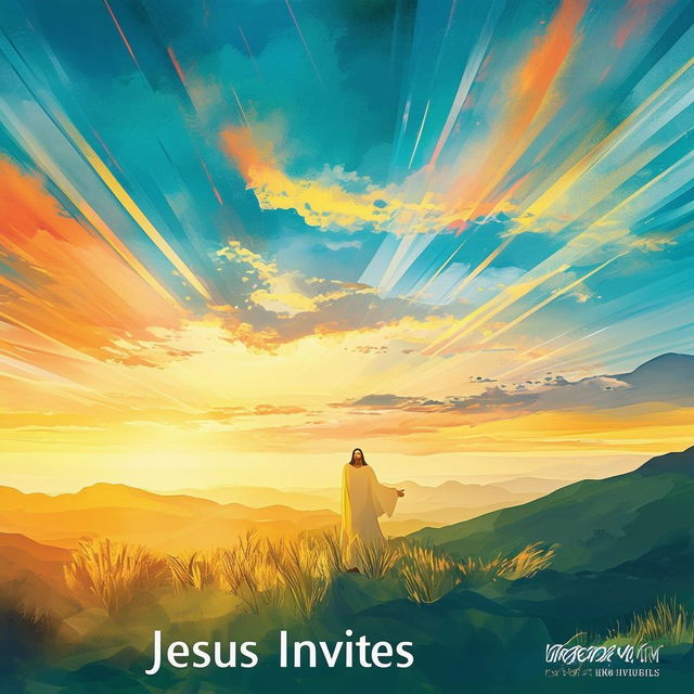 Design a captivating book cover for 'Jesus Invites' featuring a serene landscape, a kind Jesus with open hands, and a harmonious color palette