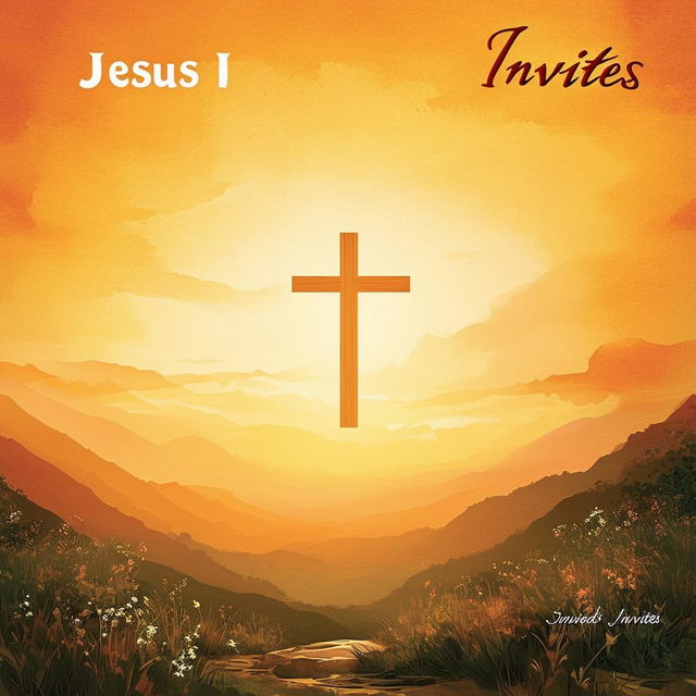 Design an inviting book cover for 'Jesus Invites' featuring a serene landscape, a welcoming Jesus, and warm colors