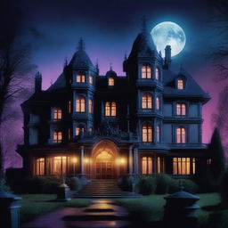 An 80s vampire movie scene featuring a grand mansion with gothic architecture