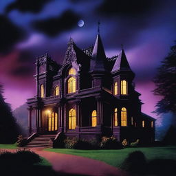 An 80s vampire movie scene featuring a grand mansion with gothic architecture