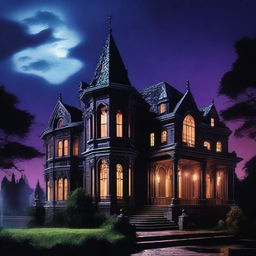 An 80s vampire movie scene featuring a grand mansion with gothic architecture