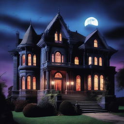 An 80s vampire movie scene featuring a grand mansion with gothic architecture