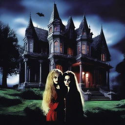 A horror movie poster from the 80s featuring a grand gothic mansion