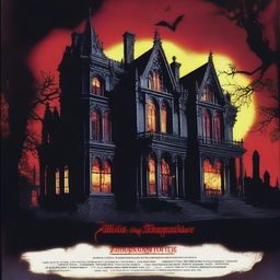 A horror movie poster from the 80s featuring a grand gothic mansion