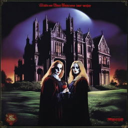 A horror movie poster from the 80s featuring a grand gothic mansion