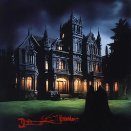 A horror movie poster from the 80s featuring a grand gothic mansion