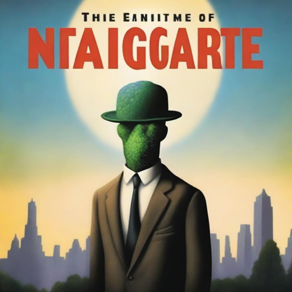 Create a book cover for a novel titled 'The Empire of Lights,' which references the painting by Rene Magritte