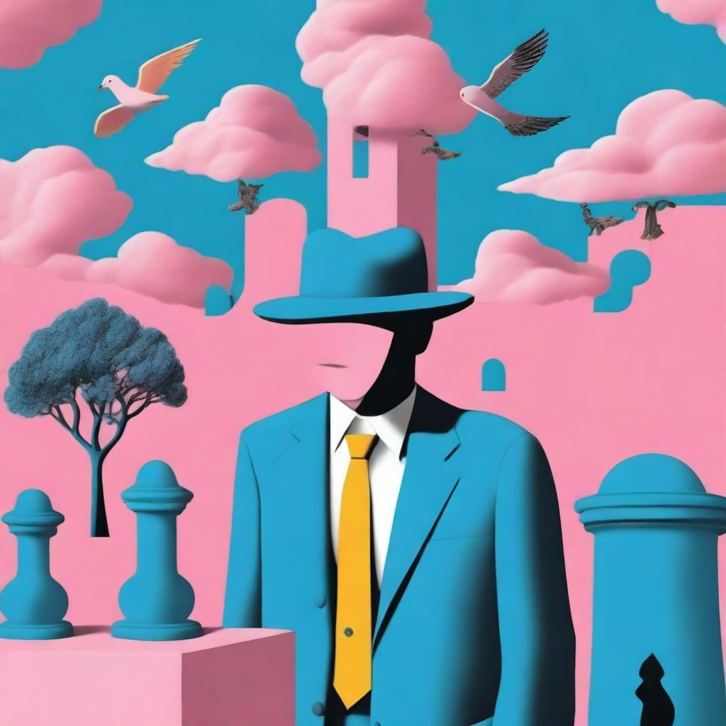 Create a cover for a novel about college students in the 1980s, incorporating themes of Greek mythology and the surreal art style of painter Rene Magritte