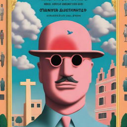 Create a cover for a novel about college students in the 1980s, incorporating themes of Greek mythology and the surreal art style of painter Rene Magritte