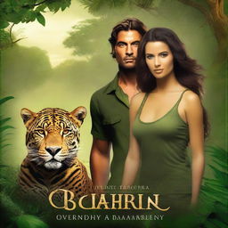 Create a book cover for a romance action adventure novel featuring a man and a woman standing together with a jaguar in the background