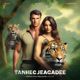 Create a book cover for a romance action adventure novel featuring a man and a woman standing together with a jaguar in the background