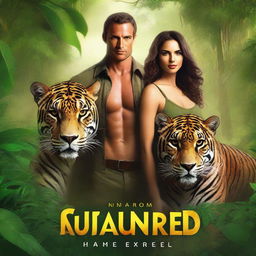 Create a book cover for a romance action adventure novel featuring a man and a woman standing together with a jaguar in the background