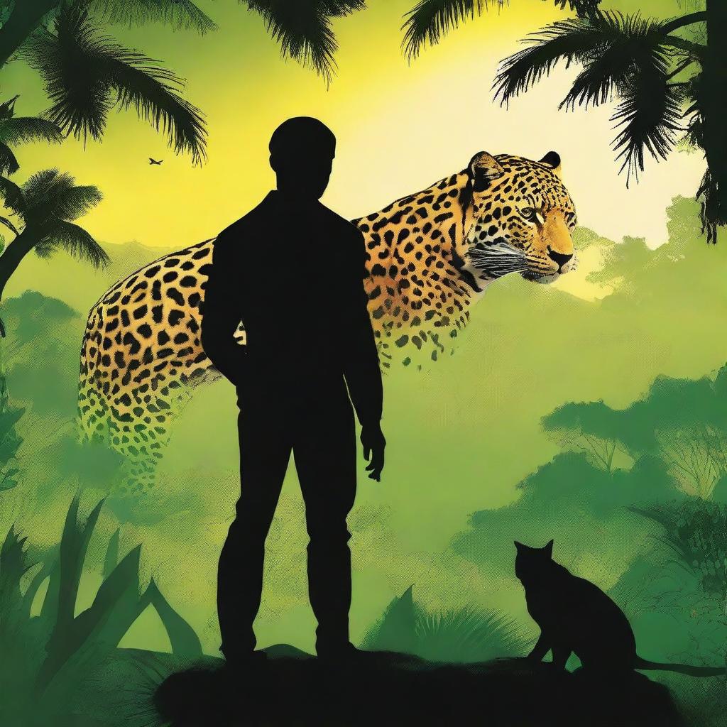 Create a book cover for a romance action adventure novel featuring the silhouette of a man's back and a jaguar