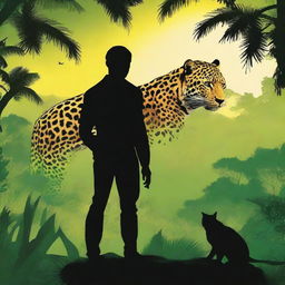 Create a book cover for a romance action adventure novel featuring the silhouette of a man's back and a jaguar