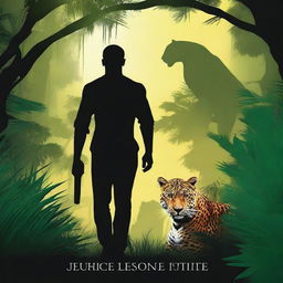 Create a book cover for a romance action adventure novel featuring the silhouette of a man's back and a jaguar