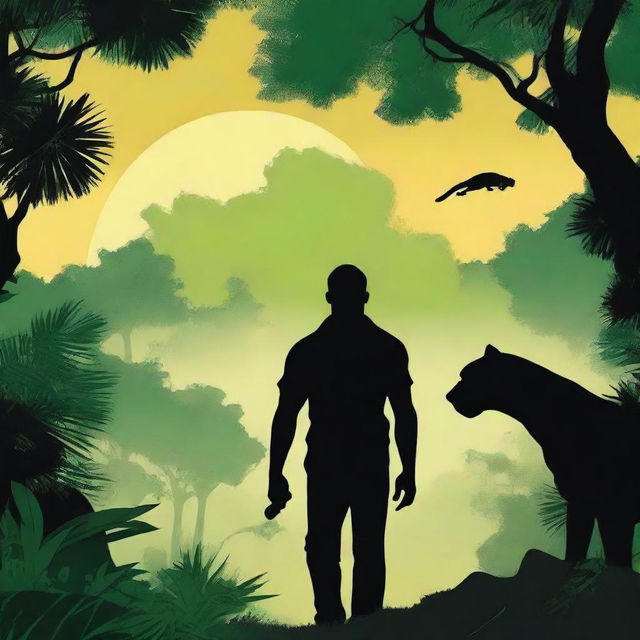 Create a book cover for a romance action adventure novel featuring the silhouette of a man's back and a jaguar