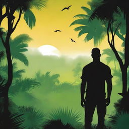 Create a book cover for a romance action adventure novel featuring the silhouette of a man's back