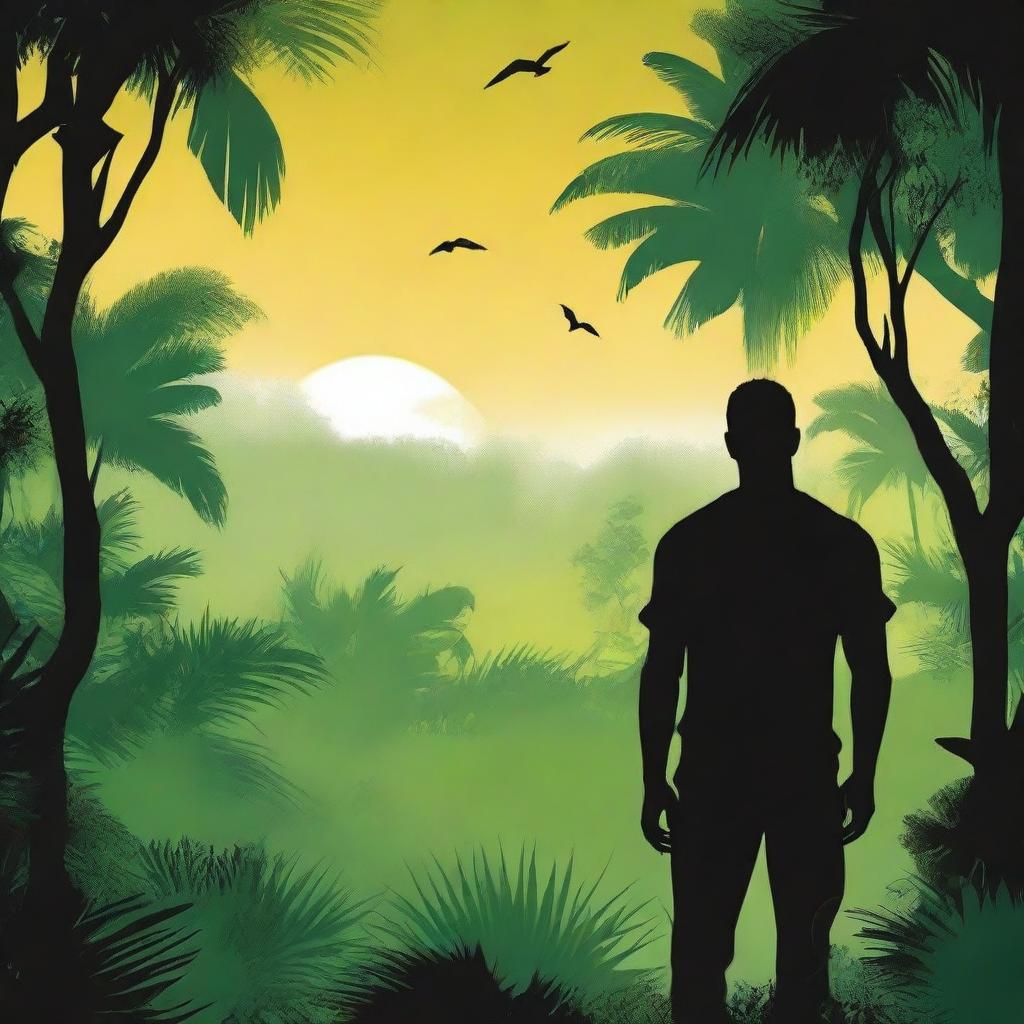 Create a book cover for a romance action adventure novel featuring the silhouette of a man's back