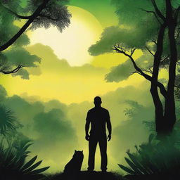 Create a book cover for a romance action adventure novel featuring the silhouette of a man's back