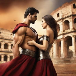 Create a book cover for a romance action adventure novel set in the Colosseum, featuring a man and a woman