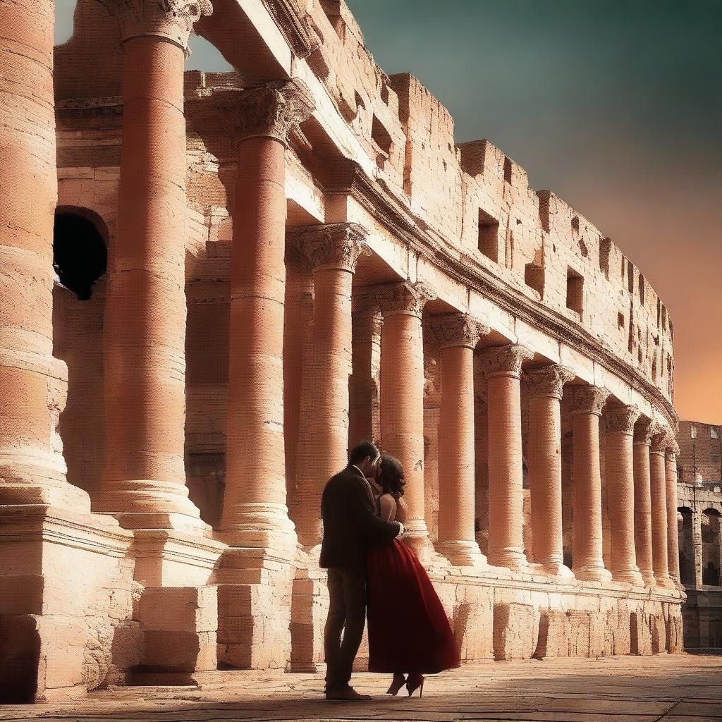 Create a book cover for a romance action adventure novel set in the Colosseum, featuring a man and a woman