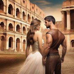 Create a book cover for a romance action adventure novel set in the Colosseum, featuring a man and a woman