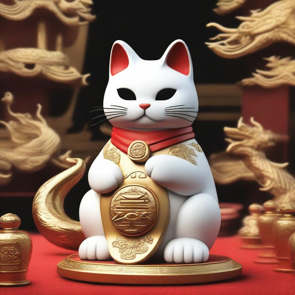 Generate a realistic image of a Maneki Neko, also known as a beckoning cat, in a scene where it is facing off against a gold dragon