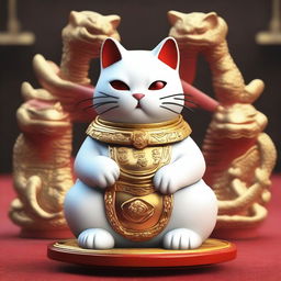 Generate a realistic image of a Maneki Neko, also known as a beckoning cat, in a scene where it is facing off against a gold dragon