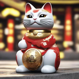 Generate a realistic image of a Maneki Neko, also known as a beckoning cat, in a scene where it is facing off against a gold dragon