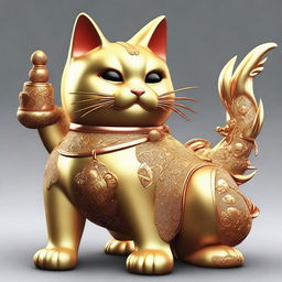 Generate a realistic image of a Maneki Neko, also known as a beckoning cat, in a scene where it is facing off against a gold dragon