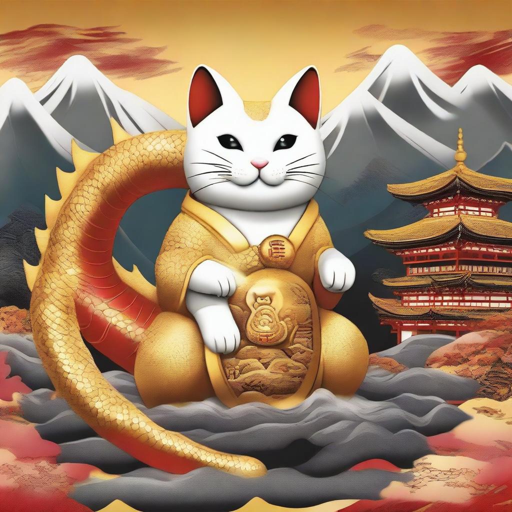 Generate an image of a Maneki Neko, also known as a beckoning cat, facing off against a gold dragon