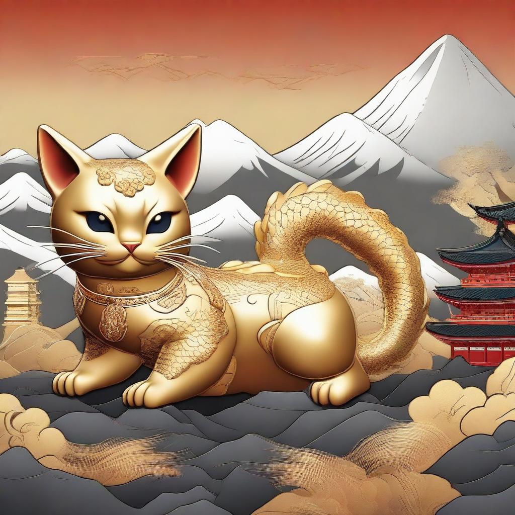 Generate an image of a Maneki Neko, also known as a beckoning cat, facing off against a gold dragon