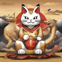 Generate an image of a Maneki Neko, also known as a beckoning cat, facing off against a gold dragon