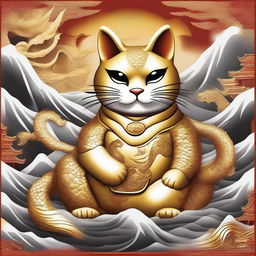 Generate an image of a Maneki Neko, also known as a beckoning cat, facing off against a gold dragon