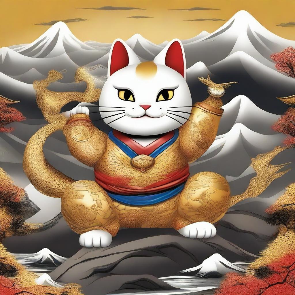 Generate an image of a Maneki Neko, also known as a beckoning cat, engaged in a fight with a gold dragon