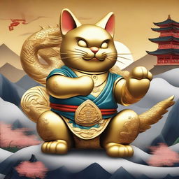 Generate an image of a Maneki Neko, also known as a beckoning cat, engaged in a fight with a gold dragon