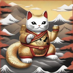 Generate an image of a Maneki Neko, also known as a beckoning cat, engaged in a fight with a gold dragon