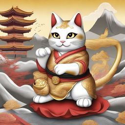 Generate an image of a Maneki Neko, also known as a beckoning cat, engaged in a fight with a gold dragon