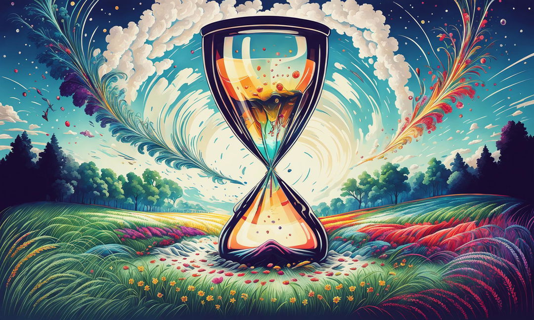 Digital art of a landscape with a large hourglass in the center, its sand transforming into four distinct elements as it falls. A powerful wind sweeps across the scene, visibly carrying elements from each season. The sky transitions from sunrise to noon, sunset, and night.