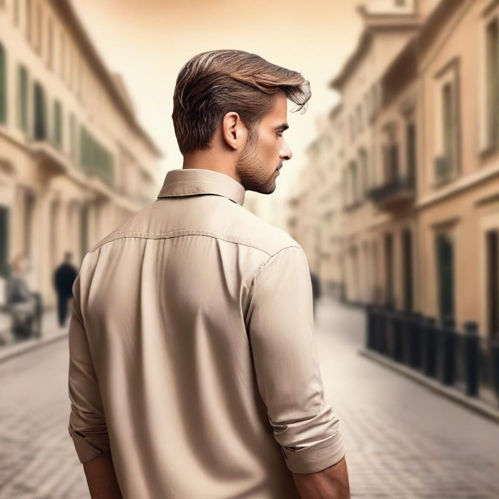 Create a romance novel cover featuring a man with his back turned, looking over his shoulder