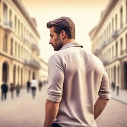 Create a romance novel cover featuring a man with his back turned, looking over his shoulder