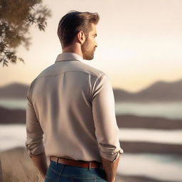 Create a romance novel cover featuring a man with his back turned, looking over his shoulder