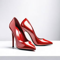 A pair of elegant red high heel shoes, with a glossy finish and stylish design, placed on a white background