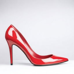 A pair of elegant red high heel shoes, with a glossy finish and stylish design, placed on a white background