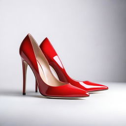 A pair of elegant red high heel shoes, with a glossy finish and stylish design, placed on a white background